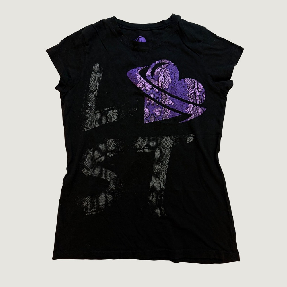 Y2K Lost Scene Emo Graphic Tee Black Purple Snakeskin Heart Logo Shirt #16